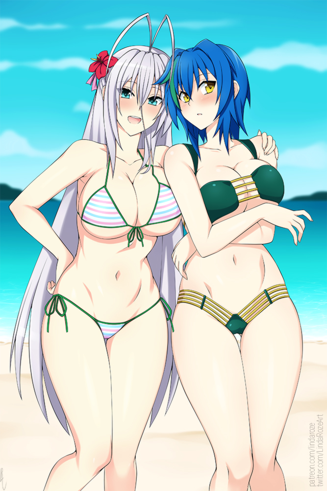 2girls ahoge arms_under_breasts beach bikini blue_eyes blue_hair blush breasts crossed_arms eyebrows_visible_through_hair hair_between_eyes hand_on_another's_shoulder hand_on_hip hand_on_shoulder high_school_dxd large_breasts lindaroze long_hair looking_at_viewer multicolored_hair multiple_girls navel rossweisse short_hair stomach streaked_hair swimsuit very_long_hair white_hair xenovia_quarta yellow_eyes