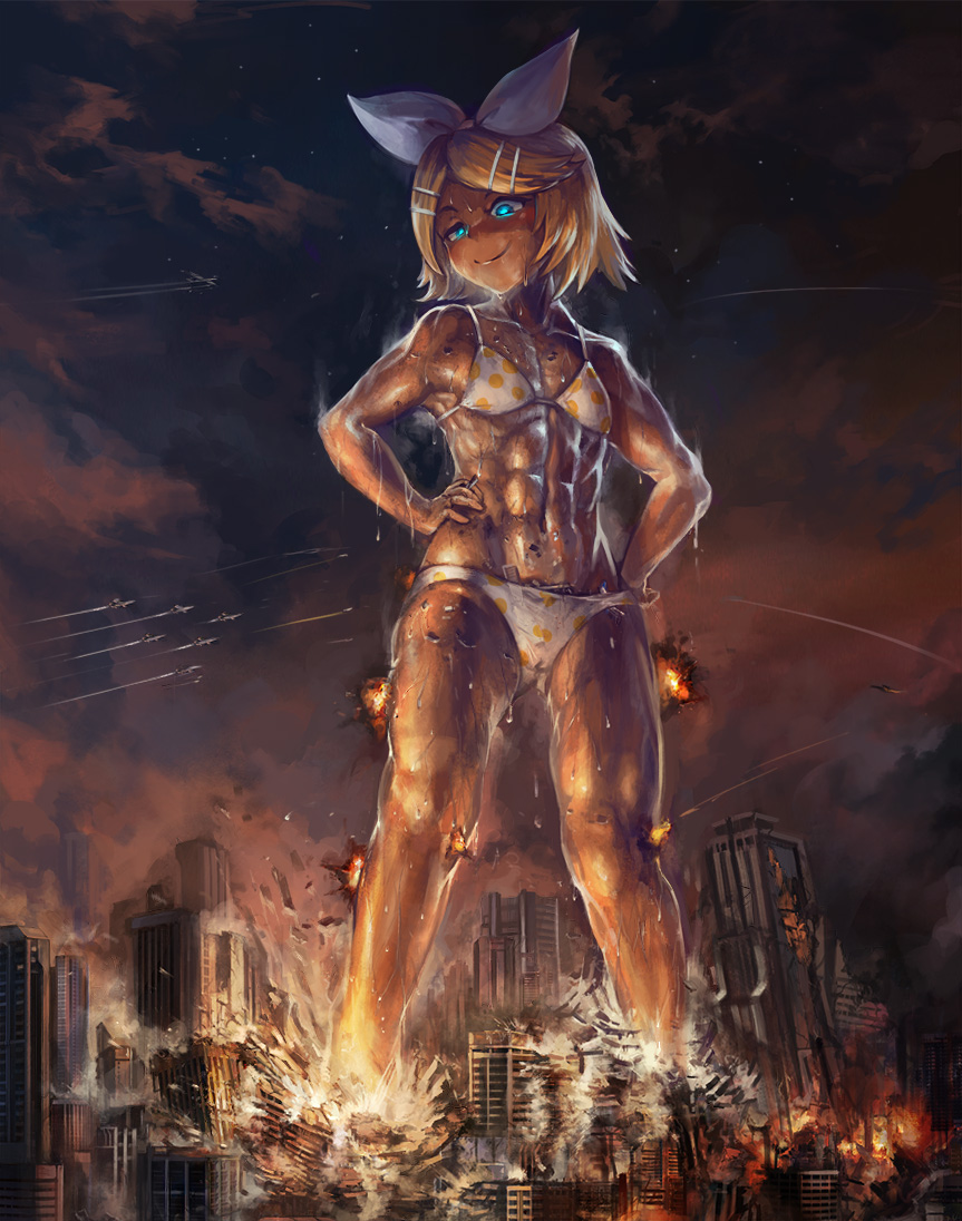 1girl abs aircraft airplane apocalypse bangs bikini blonde_hair blue_eyes bow building cigarette city commentary english_commentary explosion fighter_jet giant giantess glowing glowing_eyes hair_bow hair_ornament hairclip hands_on_hips holding holding_cigarette jet kagamine_rin looking_down military military_vehicle mixed-language_commentary muscular muscular_female navel night polka_dot polka_dot_bikini short_hair skyscraper smile smug standing star_(sky) sweat swept_bangs swimsuit vocaloid white_bikini white_bow yilx