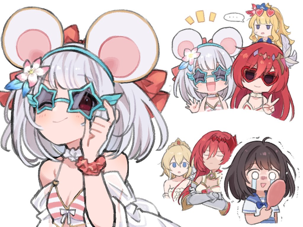 ... 4girls adjusting_eyewear ahoge animal_ears bare_shoulders bikini black_hair blonde_hair blush cagliostro_(granblue_fantasy) chibi collar crossed_arms crying crying_with_eyes_open detached_collar eno_(preno_gb) europa_(granblue_fantasy) fake_animal_ears flower gauntlets godguard_brodia granblue_fantasy hair_flower hair_ornament hairband hand_mirror holding holding_mirror jitome long_hair medium_hair mirror mouse_ears multiple_girls multiple_views no_pupils off_shoulder one_eye_closed open_mouth red_hair sailor_collar scrunchie shirt simple_background smile speech_bubble spoken_ellipsis striped striped_bikini sunglasses swimsuit tears tiara trembling upper_body v vikala_(granblue_fantasy) waving white_background white_hair white_shirt wrist_scrunchie