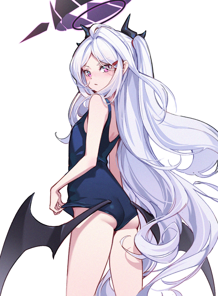 1girl ass bat_wings black_horns blue_archive blue_swimsuit closed_mouth eyebrows_visible_through_hair flat_chest from_behind halo hina_(blue_archive) horns long_hair looking_at_viewer looking_back low_wings nian pink_eyes school_swimsuit simple_background solo swimsuit very_long_hair white_background white_hair wings