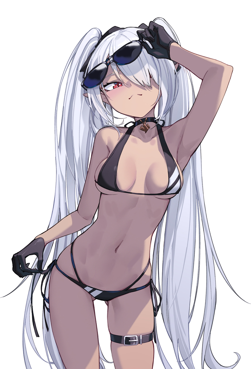 1girl bikini black_bikini black_collar black_gloves blue_archive blush breasts collar commentary cowboy_shot eyewear_on_head gloves hair_over_one_eye hand_up highres iori_(blue_archive) long_hair medium_breasts multi-strapped_bikini navel nian pointy_ears red_eyes side-tie_bikini solo sunglasses swimsuit symbol-only_commentary thigh_strap twintails very_long_hair white_hair