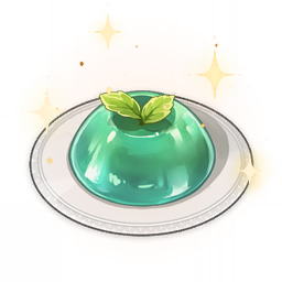 artist_request commentary dessert english_commentary food food_focus genshin_impact green_theme jelly leaf lowres mint no_humans official_art plate shiny sparkle still_life third-party_source transparent_background