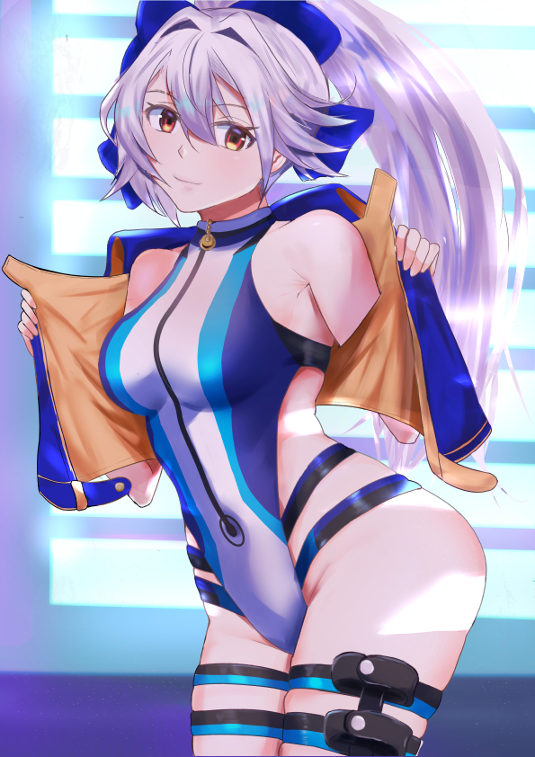 1girl araimooah bangs blue_bow blue_jacket blue_swimsuit bow breasts fate/grand_order fate_(series) front_zipper_swimsuit hair_between_eyes hair_bow highleg highleg_swimsuit jacket large_breasts long_hair looking_at_viewer meme_attire one-piece_swimsuit open_clothes open_jacket ponytail red_eyes revision short_sleeves silver_hair smile solo swimsuit thigh_strap thighs tomoe_gozen_(fate) tomoe_gozen_(swimsuit_saber)_(fate) two-tone_swimsuit white_swimsuit