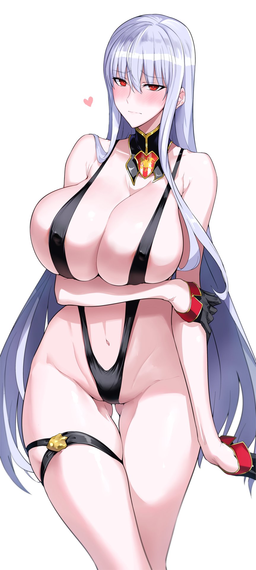 1girl arm_under_breasts ass_visible_through_thighs bangs bare_shoulders black_gloves black_swimsuit blush breasts cleavage closed_mouth covered_nipples cowboy_shot curvy detached_collar eyebrows_visible_through_hair gloves hair_between_eyes halcon half_gloves heart highres holding_own_arm huge_breasts long_hair navel pale_skin red_eyes selvaria_bles senjou_no_valkyria_(series) senjou_no_valkyria_1 silver_hair skindentation slingshot_swimsuit standing swimsuit thigh_gap thigh_strap very_long_hair white_background wide_hips