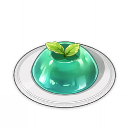 artist_request commentary dessert english_commentary food food_focus genshin_impact green_theme jelly leaf lowres mint no_humans official_art plate shiny still_life third-party_source transparent_background