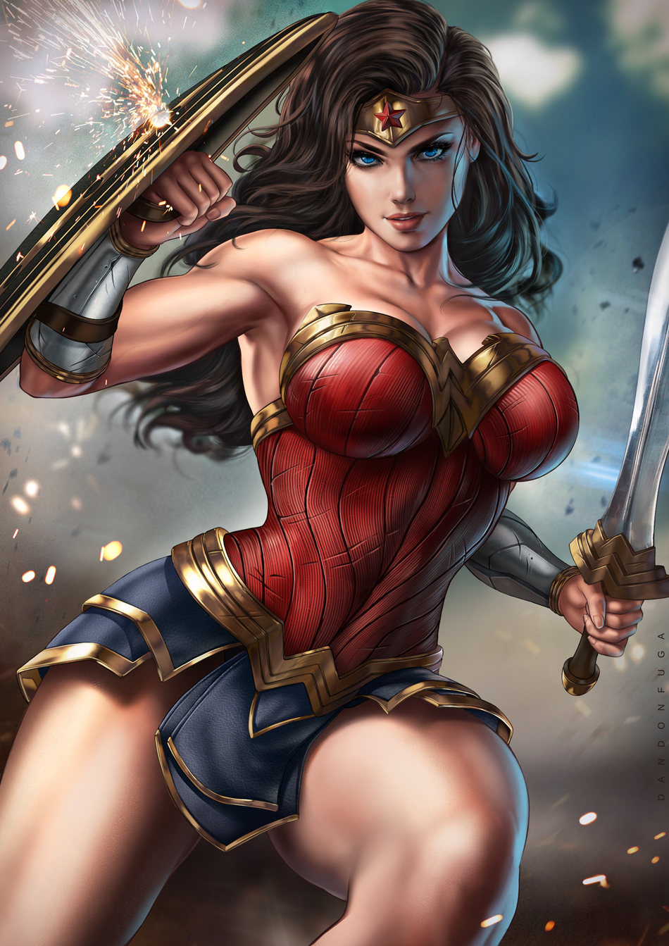 1girl armor armored_dress black_hair blue_eyes breasts circlet dandon_fuga dc_comics deflect highres knee_up large_breasts lips looking_at_viewer muscular muscular_female red_lips shield solo sword thick_lips thick_thighs thighs weapon western_comics wonder_woman