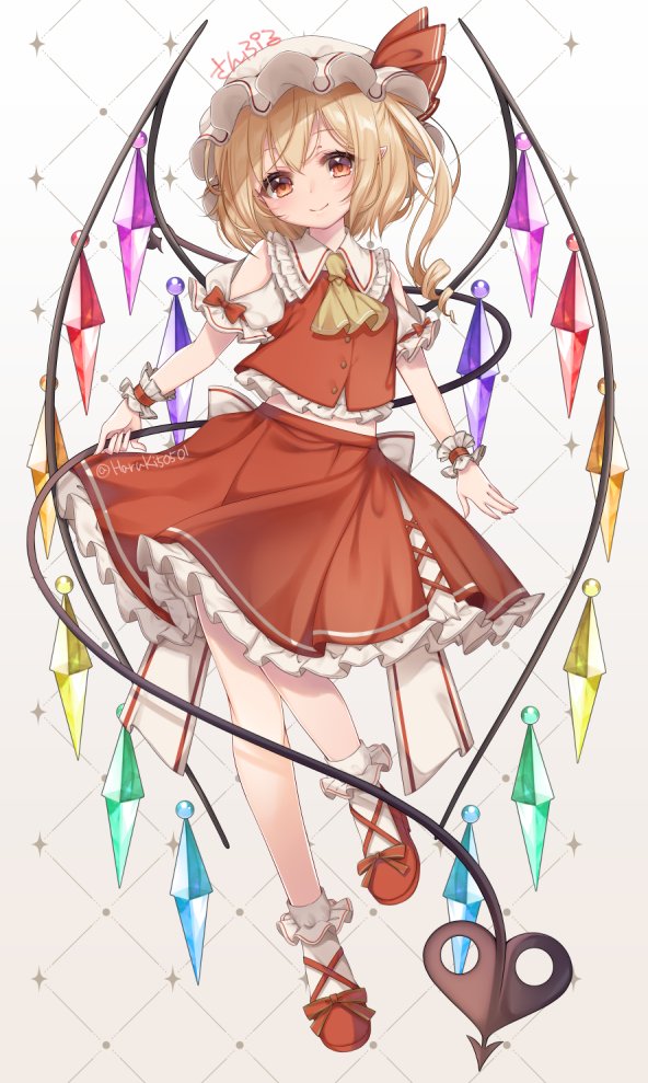 1girl ascot bangs blonde_hair bobby_socks buttons closed_mouth clothing_cutout commentary_request crystal drill_hair flandre_scarlet flat_chest frilled_shirt_collar frills full_body haruki_(colorful_macaron) hat hat_ribbon holding holding_polearm holding_weapon laevatein light_blush looking_at_viewer midriff_peek mob_cap one_side_up petticoat pointy_ears polearm puffy_short_sleeves puffy_sleeves red_eyes red_footwear red_ribbon red_skirt red_vest ribbon short_hair short_sleeves shoulder_cutout simple_background skirt smile socks solo standing standing_on_one_leg touhou twitter_username vest weapon white_background white_headwear wings wrist_cuffs yellow_neckwear