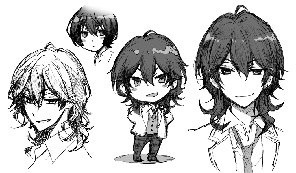 2boys blush_stickers brothers chibi earrings ensemble_stars! greyscale hair_between_eyes hatching_(texture) jewelry kinoshita_sakura long_hair male_focus mixed_media monochrome multiple_boys multiple_views sakuma_rei_(ensemble_stars!) sakuma_ritsu school_uniform short_hair siblings traditional_media wavy_hair