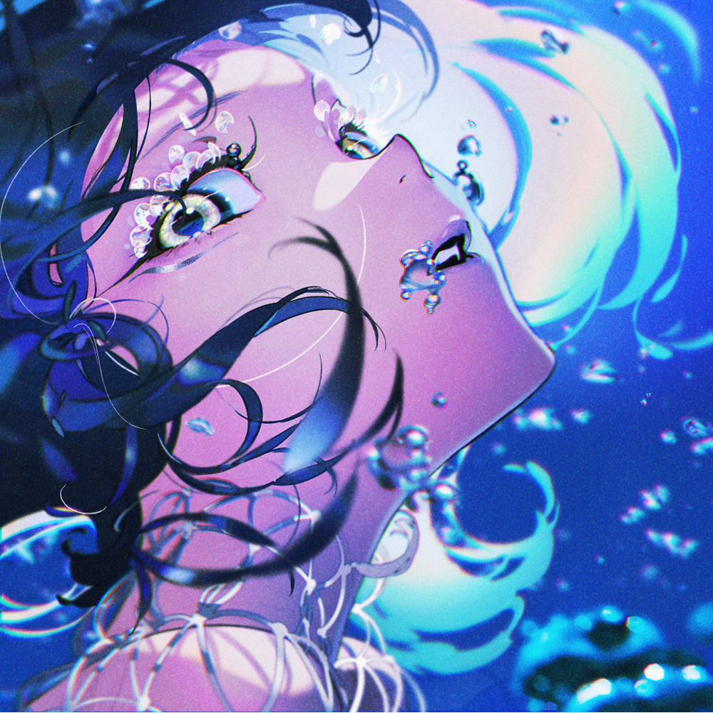 1girl air_bubble black_hair blurry blurry_foreground bubble chromatic_aberration commentary english_commentary face from_side green_eyes looking_at_viewer original parted_lips portrait short_hair sideways_glance solo submerged underwater yoneyama_mai