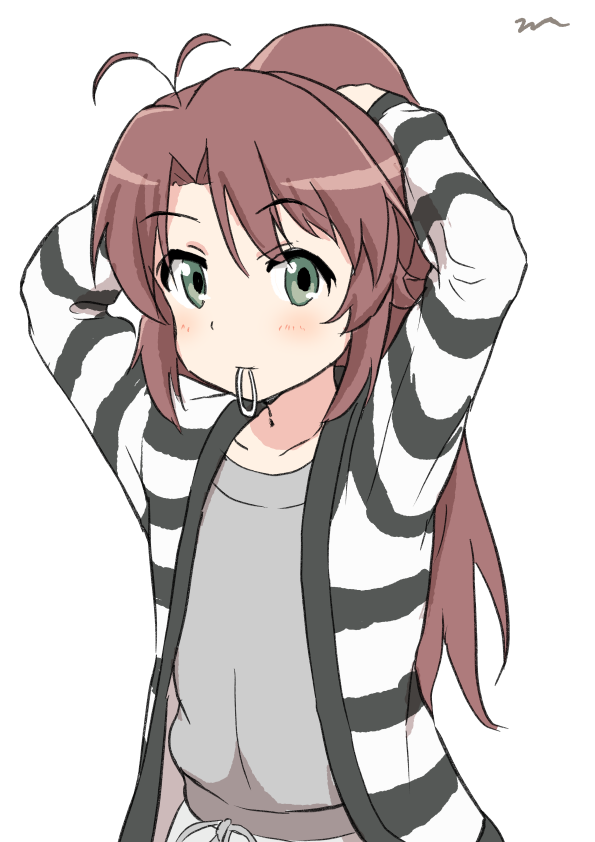 1girl aayh antenna_hair arms_behind_back arms_up blush brown_hair closed_mouth collarbone commentary green_eyes grey_shirt hair_tie hair_tie_in_mouth jacket koshigaya_komari long_hair looking_at_viewer mouth_hold non_non_biyori open_clothes open_jacket ponytail shirt signature simple_background solo striped_jacket tying_hair very_long_hair white_background