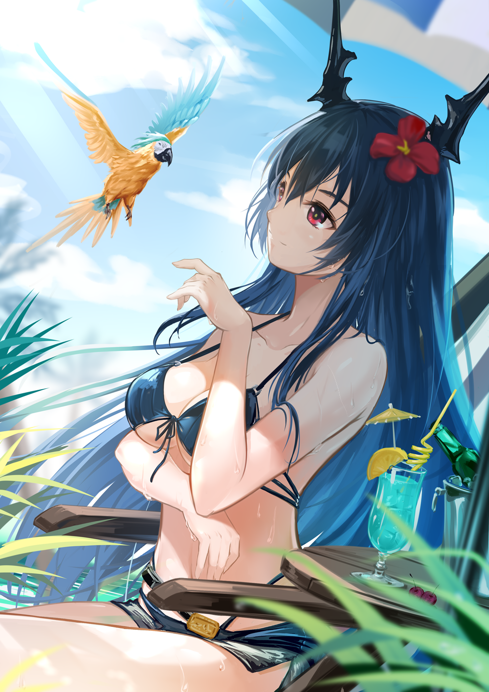 1girl arknights bangs bare_shoulders bikini bird black_bikini blue_hair blue_sky breasts ch'en_(arknights) ch'en_the_holungday_(arknights) cloud cocktail_umbrella commentary_request cup day dragon_horns drinking_glass drinking_straw flower front-tie_bikini front-tie_top hair_between_eyes hair_flower hair_ornament hand_up highres horns lancefate large_breasts long_hair macaw micro_shorts parrot red_eyes red_flower shorts sitting sky smile solo stomach swimsuit very_long_hair