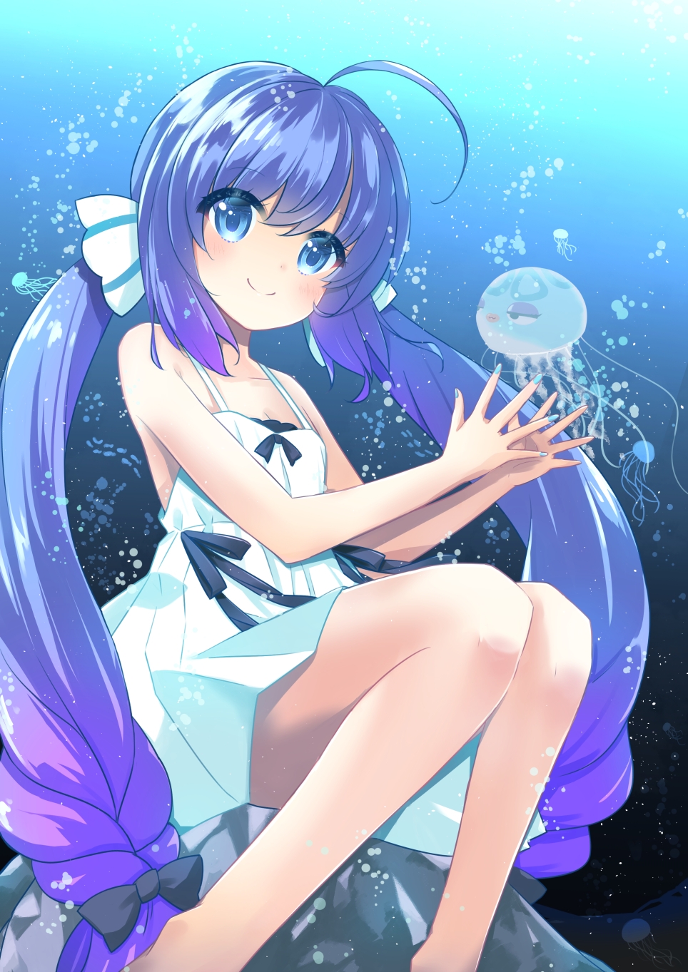 1girl ahoge aqua_nails blue_hair braid bubble commentary dress feet_out_of_frame gradient hair_ribbon highres jellyfish long_hair looking_at_viewer mitsugushi_yuu nail_polish otomachi_una purple_hair ribbon rock sitting smile solo spaghetti_strap submerged twin_braids twintails underwater very_long_hair vocaloid white_dress