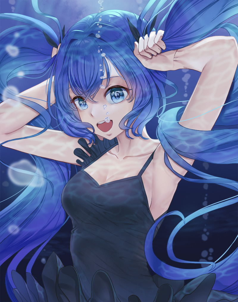 1girl :d armpits arms_up bangs black_bow black_dress blue_eyes blue_hair bow breasts bubble caustics cleavage collarbone commentary dress eyebrows_visible_through_hair floating_hair hair_between_eyes hair_bow hatsune_miku holding holding_hair long_hair medium_breasts open_mouth shinkai_shoujo_(vocaloid) sideboob sleeveless sleeveless_dress smile solo submerged switchel twintails underwater upper_body very_long_hair vocaloid