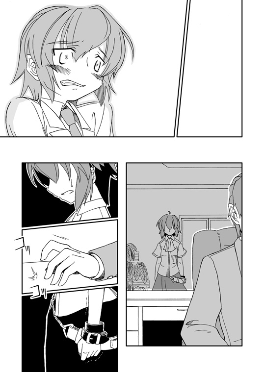 1boy 1girl arm_belt chair clenched_hand clenched_teeth desk doujinshi feet_out_of_frame formal greyscale indoors katari_(ropiropi) monochrome neckerchief plant sad short_hair sitting suit teeth touhou translation_request tube usami_renko window