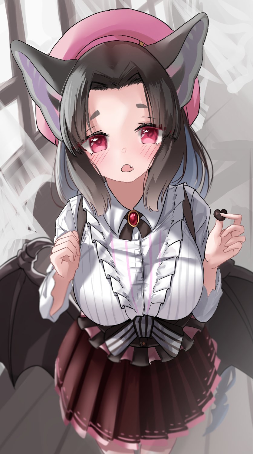 1girl animal_ears bat_ears bat_girl bat_wings beret blush brown_hair brown_skirt buchibussei candy center_frills chocolate chocolate_heart collared_shirt commentary_request eyebrows_visible_through_hair fang food forehead fraternal_myotis_(kemono_friends) frills from_above hat heart highres kemono_friends kemono_friends_3 long_hair long_sleeves looking_at_viewer official_alternate_costume open_mouth pink_hair pleated_skirt red_eyes shirt skirt solo striped striped_shirt suspender_skirt suspenders white_shirt wings