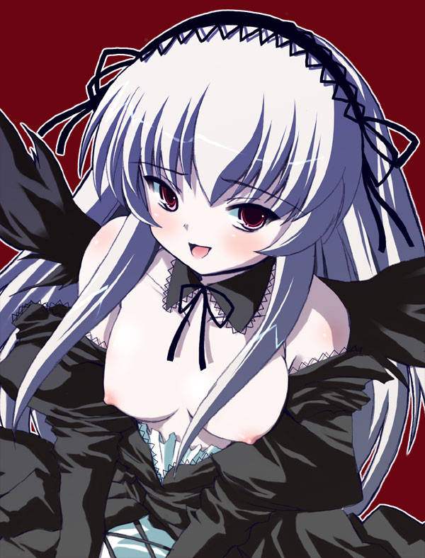 bare_shoulders blush breasts dress_pull large_breasts long_hair long_sleeves nipples open_mouth pale_skin pink_eyes ribbon rozen_maiden shinshin silver_hair solo suigintou wings