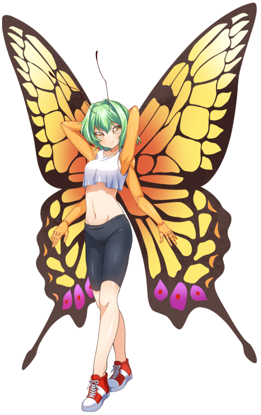 1girl antennae artist_request bike_shorts blush breasts butterfly_girl chitin compound_eyes crop_top extra_arms flare_(monster_musume) full_body game_cg green_hair hair_intakes insect_wings looking_at_viewer medium_breasts medium_hair midriff monster_musume_no_iru_nichijou monster_musume_no_iru_nichijou_online navel official_art red_footwear shoes smile sneakers tachi-e tank_top transparent_background white_tank_top wings yellow_eyes