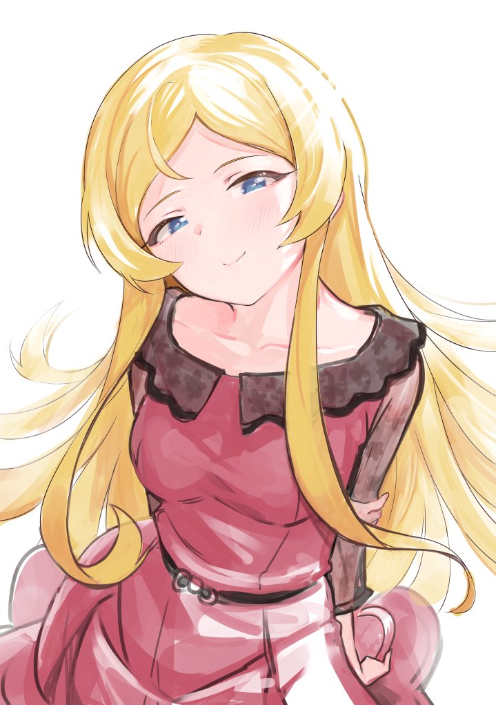 1girl arms_behind_back belt black_belt blonde_hair blue_eyes blush breasts closed_mouth collarbone dress holding_own_arm idolmaster idolmaster_million_live! idolmaster_million_live!_theater_days large_breasts leaning_forward long_hair long_sleeves looking_at_viewer red_dress see-through see-through_sleeves shinomiya_karen simple_background smile solo tomamatto white_background
