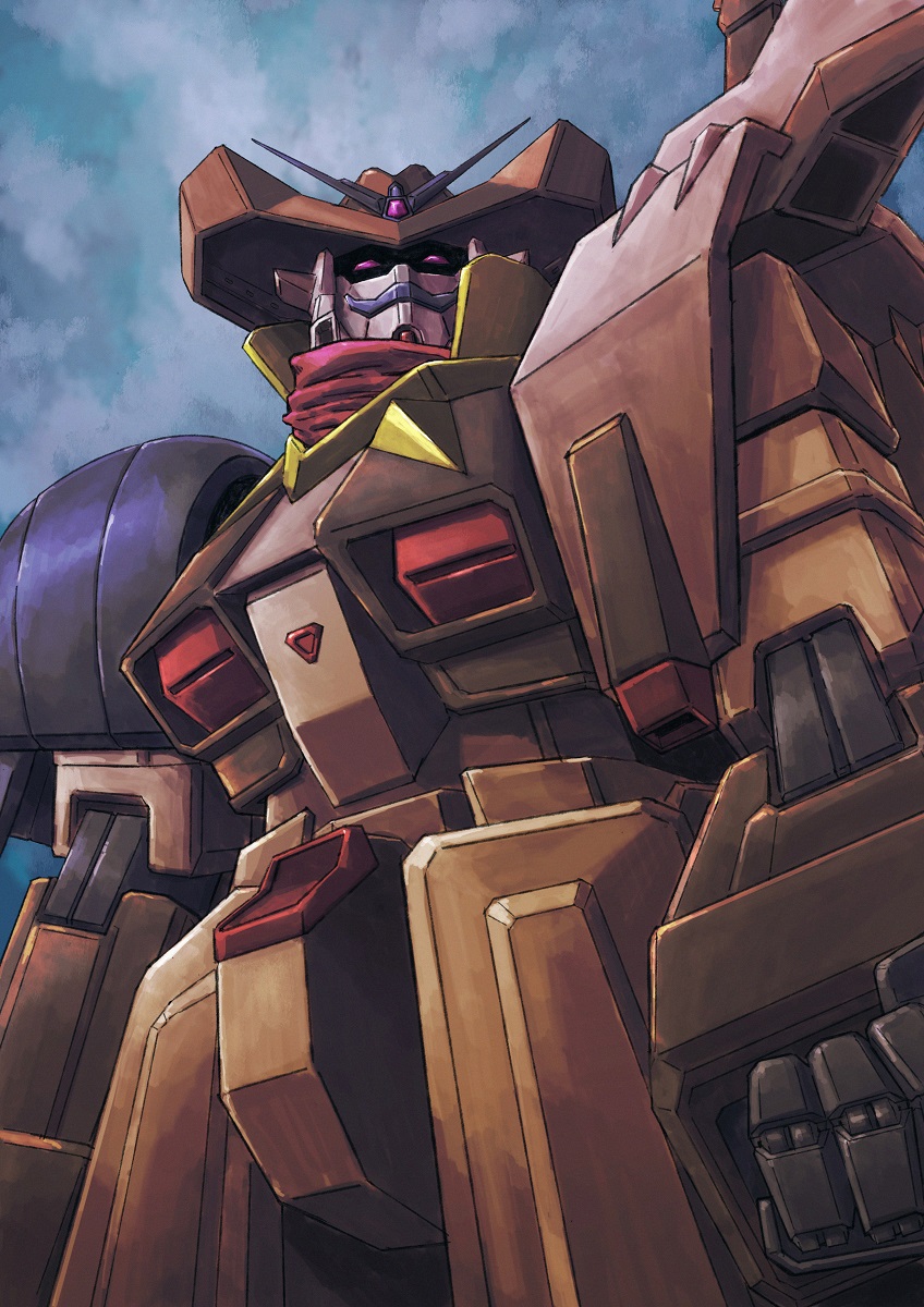 adi_(adivider) antennae cloud english_commentary facial_hair g_gundam gundam hat highres looking_ahead mecha mobile_suit mustache no_humans original portrait red_eyes red_scarf redesign robot scarf science_fiction super_robot tequila_gundam upper_body
