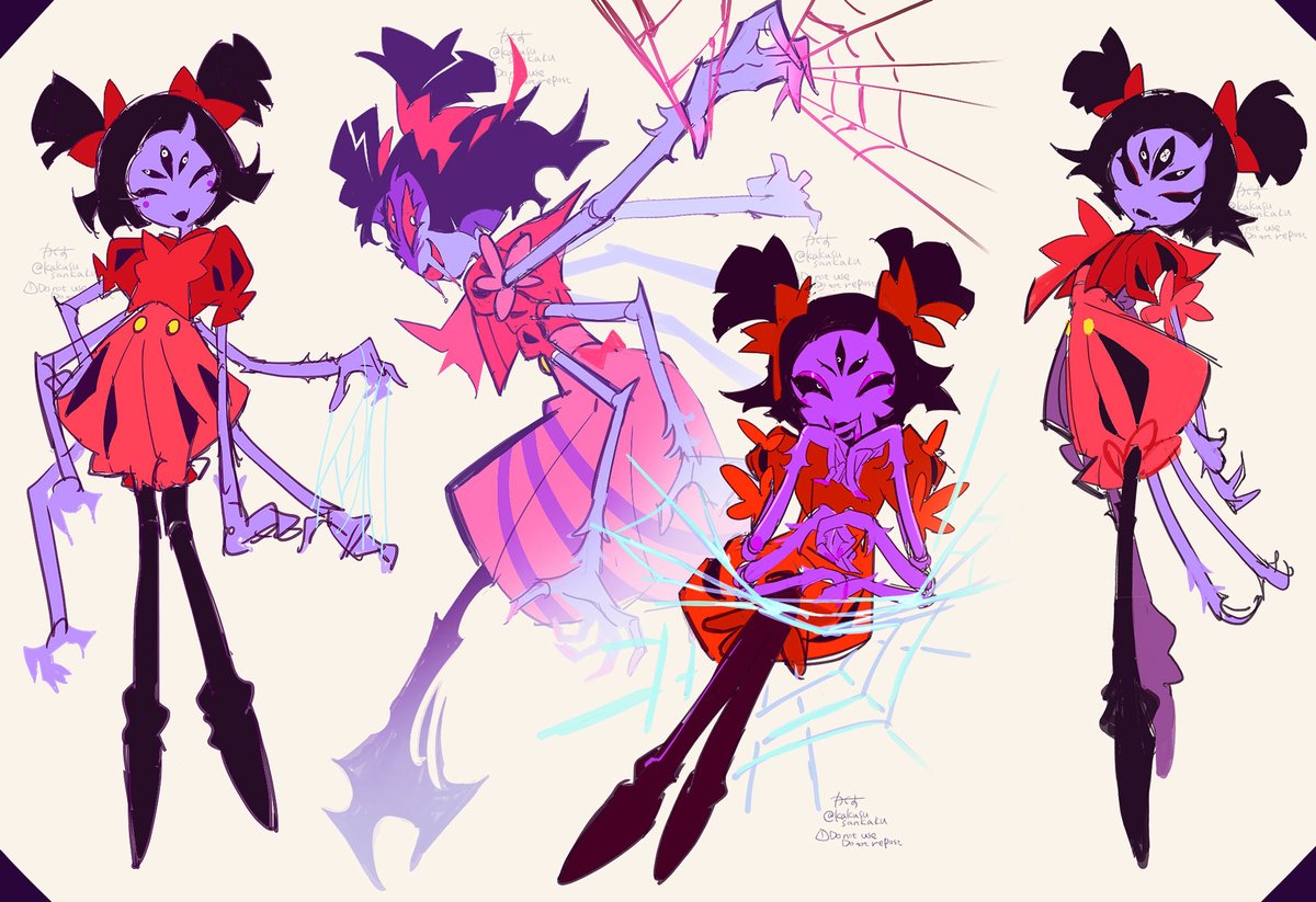 1girl anthropod_girl arthropod_girl black_hair colored_skin dress extra_ears extra_eyes fangs hair_ribbon muffet multiple_views open_mouth purple_skin red_dress red_ribbon ribbon senjochi_janai short_hair short_sleeves silk simple_background skin_fangs spider_girl spider_web twitter_username undertale