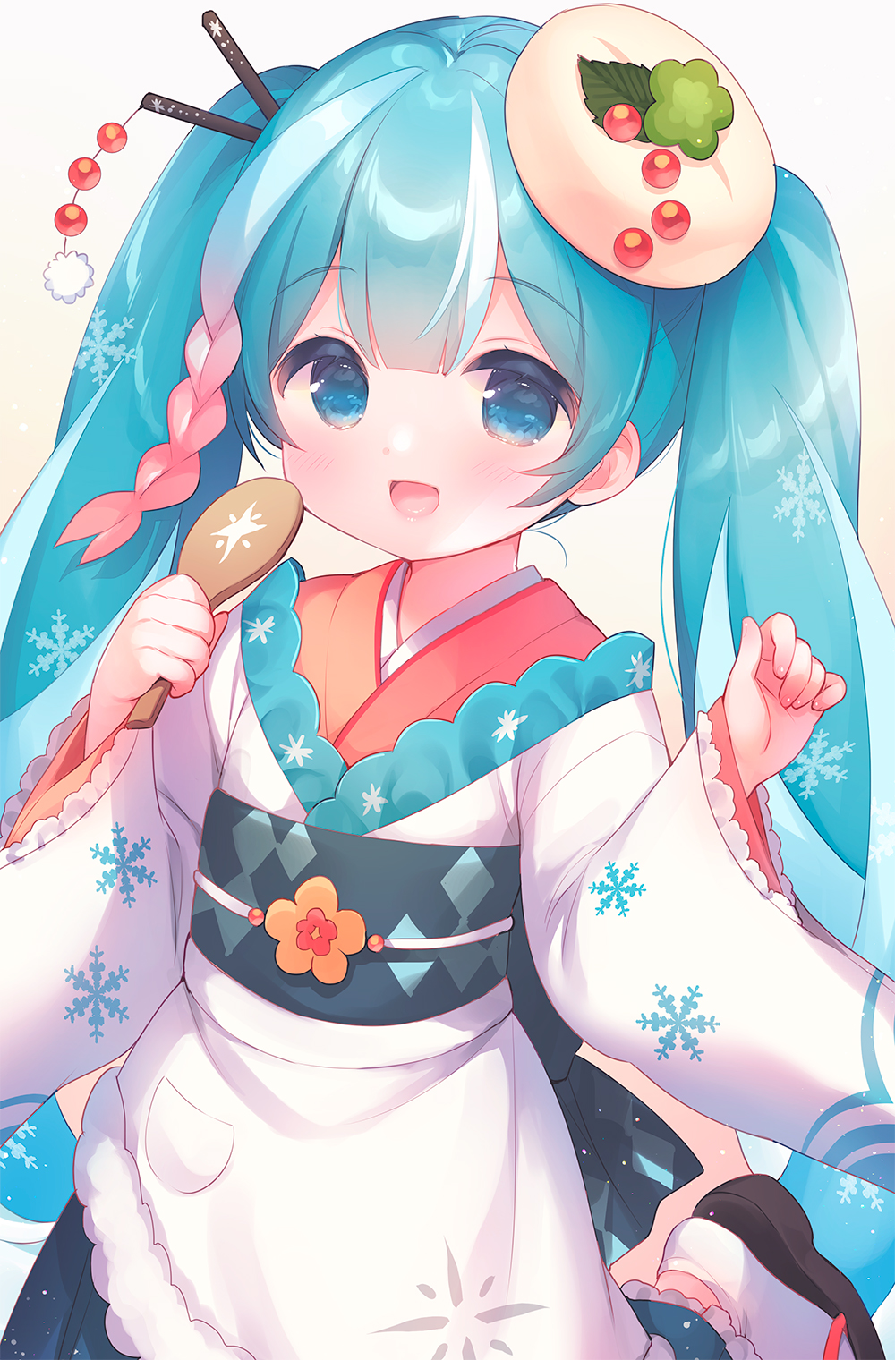 1girl :d apron black_footwear black_hakama blue_eyes blue_hair blush borrowed_design braid brown_background brown_kimono commentary food-themed_hair_ornament gradient gradient_background grey_background hair_ornament hakama hands_up hatsune_miku highres holding japanese_clothes kimono long_hair long_sleeves looking_at_viewer multicolored_hair open_mouth pink_hair rice_spoon roe scallop smile snowflakes socks solo standing standing_on_one_leg streaked_hair symbol-only_commentary tabi twintails usashiro_mani very_long_hair vocaloid wasabi white_apron white_hair white_legwear wide_sleeves yuki_miku zouri