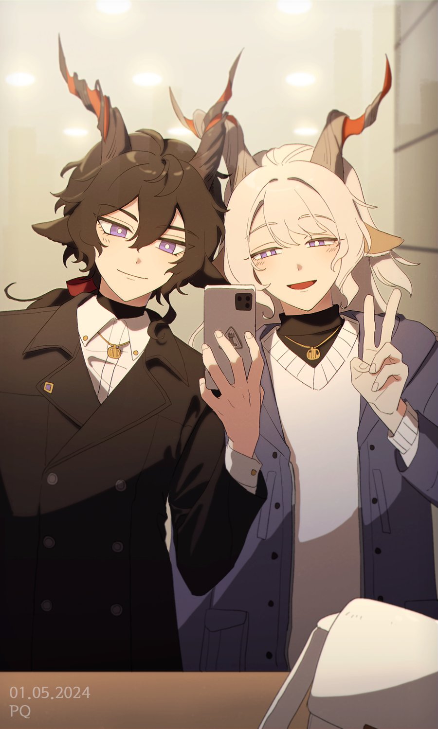 2boys animal_ears arknights artist_name black_coat black_hair blush bow cellphone coat commentary_request dated ebenholz_(arknights) goat_boy goat_ears goat_horns grey_coat hair_between_eyes hair_bow half-closed_eyes highres holding holding_phone horns korean_commentary kreide_(arknights) long_hair long_sleeves looking_at_phone male_focus multiple_boys open_mouth phone ponytail pq purple_eyes red_bow rhodes_island_logo_(arknights) selfie shirt smartphone smile sweater v white_hair white_shirt white_sweater