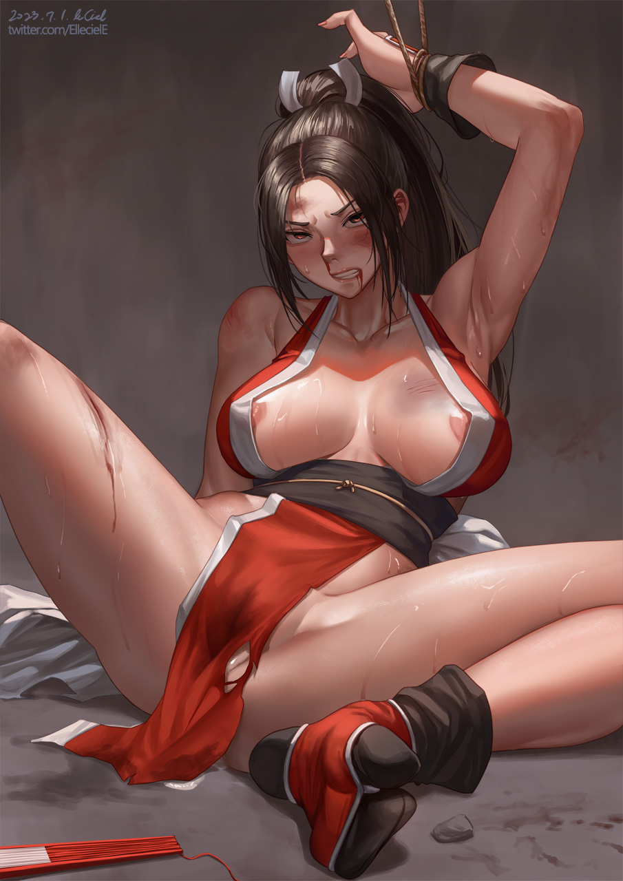1girl against_wall arm_up armpit_crease armpits bare_legs bare_shoulders bleeding blood breasts brown_hair bruise clenched_teeth collarbone cum cum_on_floor elleciel.eud fatal_fury high_ponytail highres injury japanese_clothes large_breasts long_hair nipple_slip nipples nosebleed on_floor ponytail retrained ryona scratches shiranui_mai sweat teeth the_king_of_fighters thighs torn_clothes
