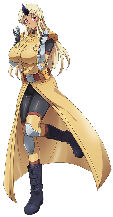 1girl artist_request belt belt_pouch black_footwear blonde_hair boots breasts coat dark-skinned_female dark_skin elbow_pads full_body game_cg gauntlets horns huge_breasts knee_pads long_hair looking_at_viewer monster_musume_no_iru_nichijou monster_musume_no_iru_nichijou_online official_art pointy_ears pouch red_eyes shoulder_pads single_horn smile solo standing standing_on_one_leg tachi-e tionishia transparent_background yellow_coat