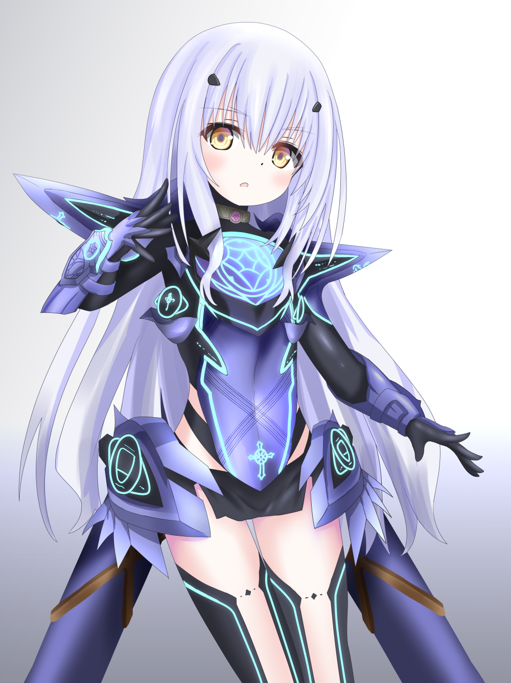 1girl armor armored_dress bangs black_dress black_gloves blue_armor blue_dress breastplate breasts brown_eyes dress fairy_knight_lancelot_(fate) fate/grand_order fate_(series) faulds gloves highres langley1000 long_hair looking_at_viewer mask open_mouth pauldrons short_dress shoulder_armor sidelocks small_breasts solo thighs white_hair