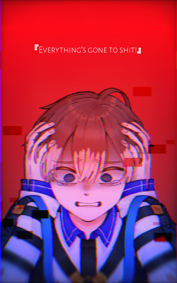 1boy blue_eyes crying crying_with_eyes_open english_text kayano_mikoto male_focus milgram non-web_source red_background red_hair sopenarian0531 tears