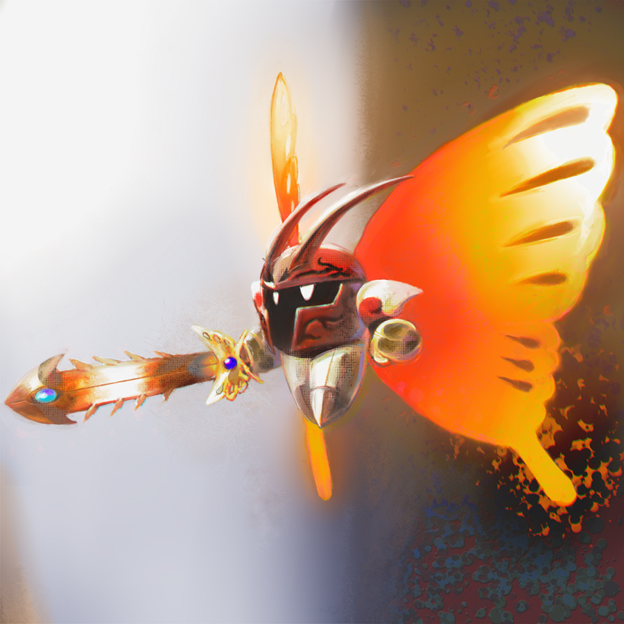 armor butterfly_wings byte_(grunty-hag1) commentary_request full_body gloves holding holding_sword holding_weapon insect_wings kirby_(series) morpho_knight no_humans pauldrons shoulder_armor solo sword weapon white_eyes wings yellow_gloves