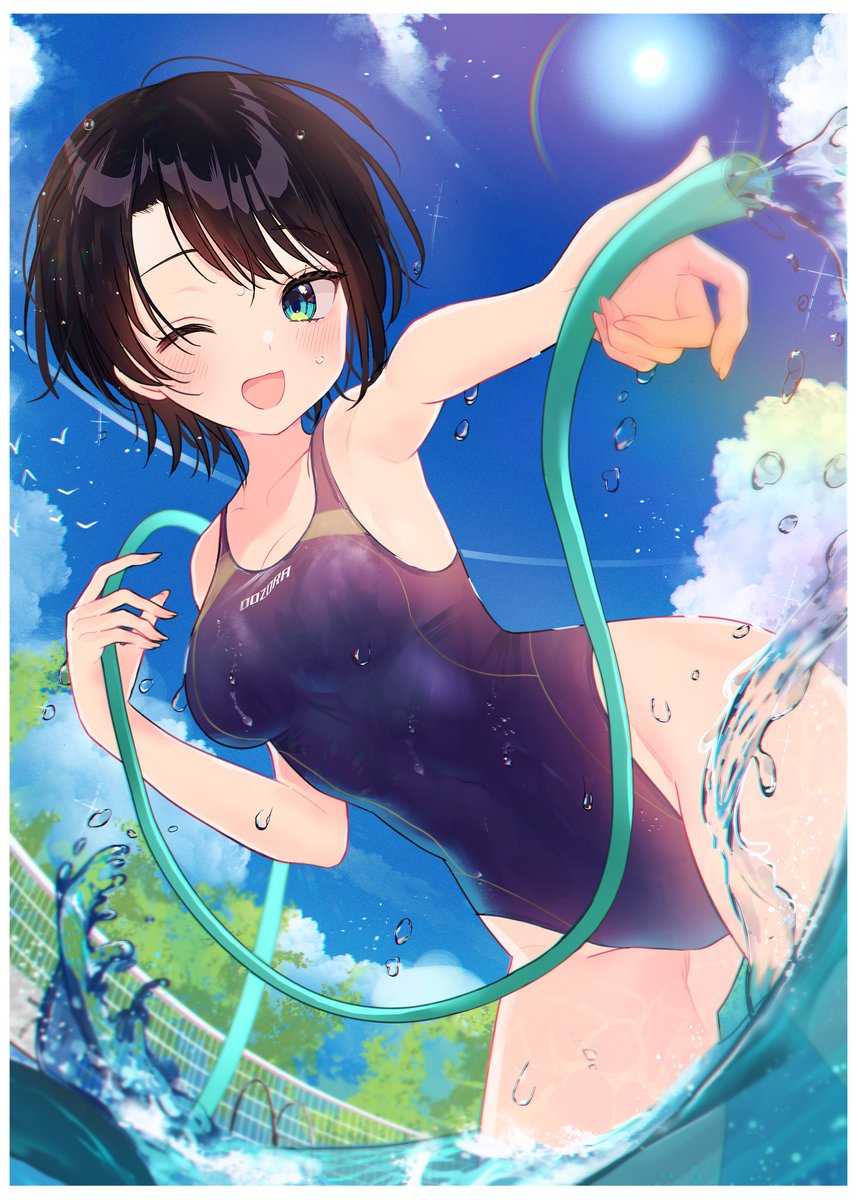 1girl bare_arms bare_shoulders black_hair blue_eyes blue_one-piece_swimsuit blue_sky blush border breasts character_name clothes_writing cloud commentary_request competition_swimsuit contrail day diffraction_spikes hand_up highleg highleg_swimsuit highres holding holding_hose hololive hose lens_flare looking_at_viewer medium_breasts one-piece_swimsuit one_eye_closed oozora_subaru open_mouth outdoors outstretched_arm rei_toba short_hair simple_bird sky smile solo splashing sun swimsuit tree virtual_youtuber wading water water_drop white_border