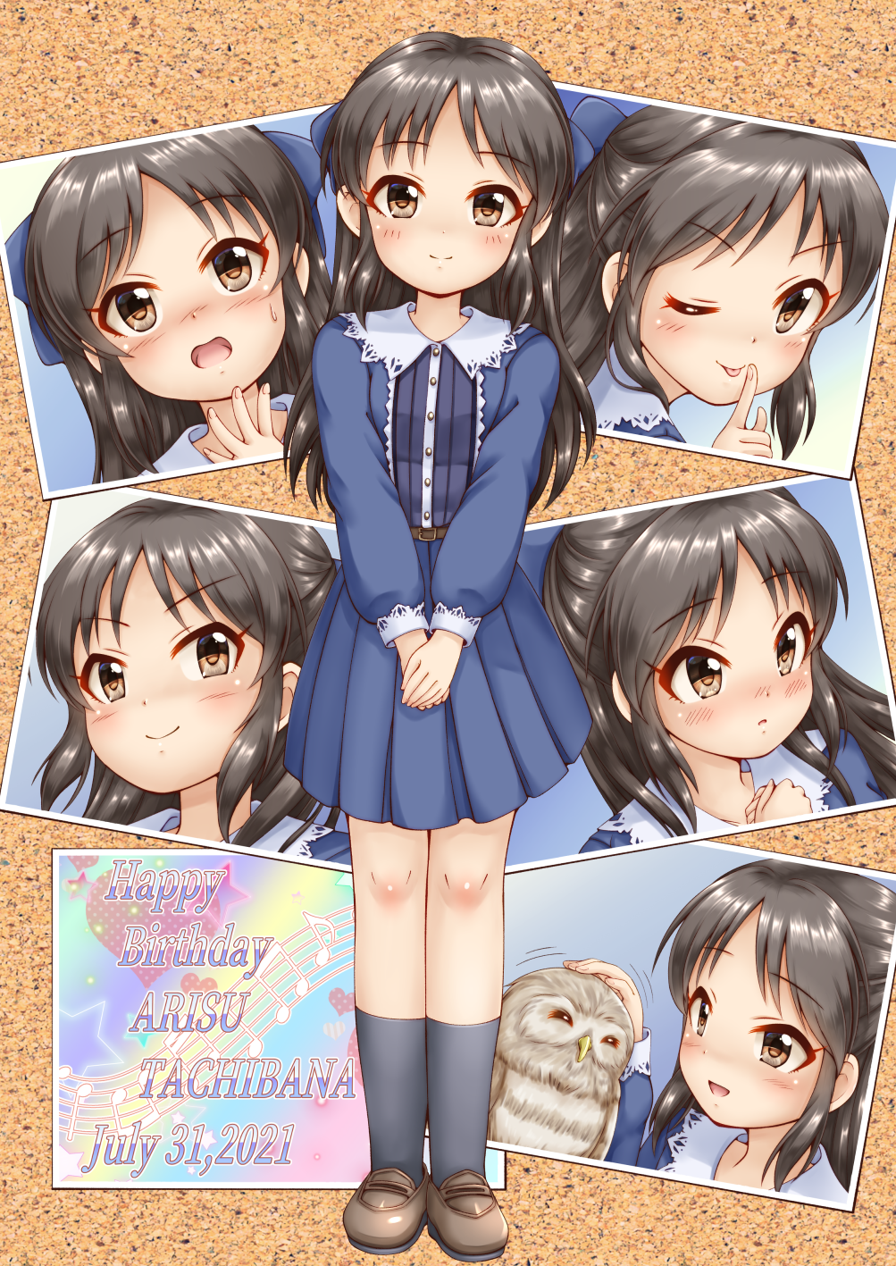 &gt;:) 1girl :d :o ;p animal bangs bird black_hair black_legwear blue_bow blue_shirt blue_skirt blush bow brown_eyes brown_footwear character_name closed_mouth commentary_request dated eyebrows_visible_through_hair hair_bow hands_together happy_birthday highres idolmaster idolmaster_cinderella_girls loafers long_hair long_sleeves one_eye_closed open_mouth owl own_hands_together parted_bangs parted_lips petting photo_(object) pleated_skirt puffy_long_sleeves puffy_sleeves regular_mow shirt shoes skirt smile socks solo tachibana_arisu tongue tongue_out v-shaped_eyebrows very_long_hair