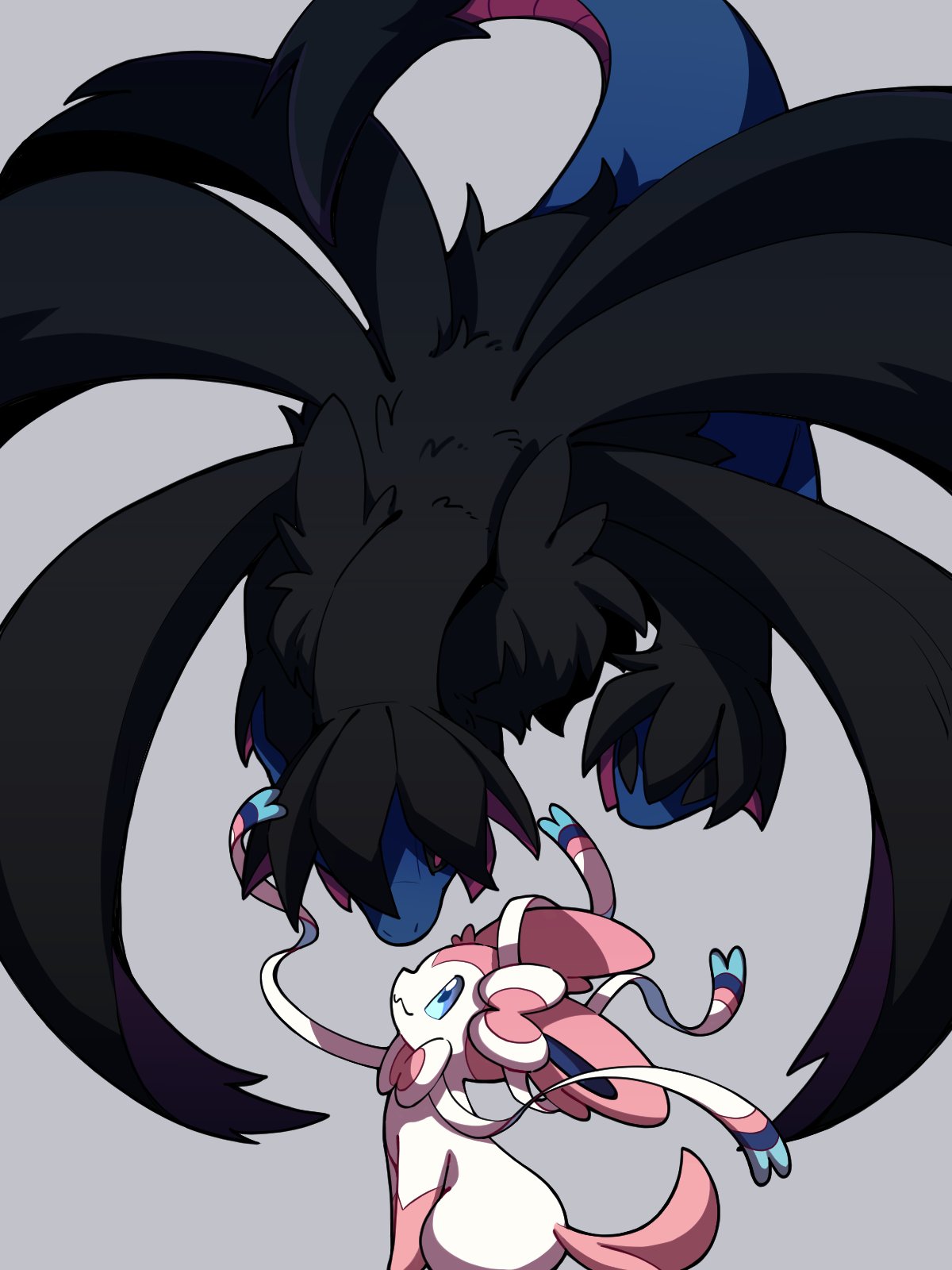 :3 animal_focus black_fur black_sclera blue_eyes blue_skin closed_mouth colored_sclera colored_skin grey_background highres hydreigon mafumuffin multiple_heads no_humans pokemon pokemon_(creature) prehensile_ribbon purple_eyes simple_background sylveon tail white_fur