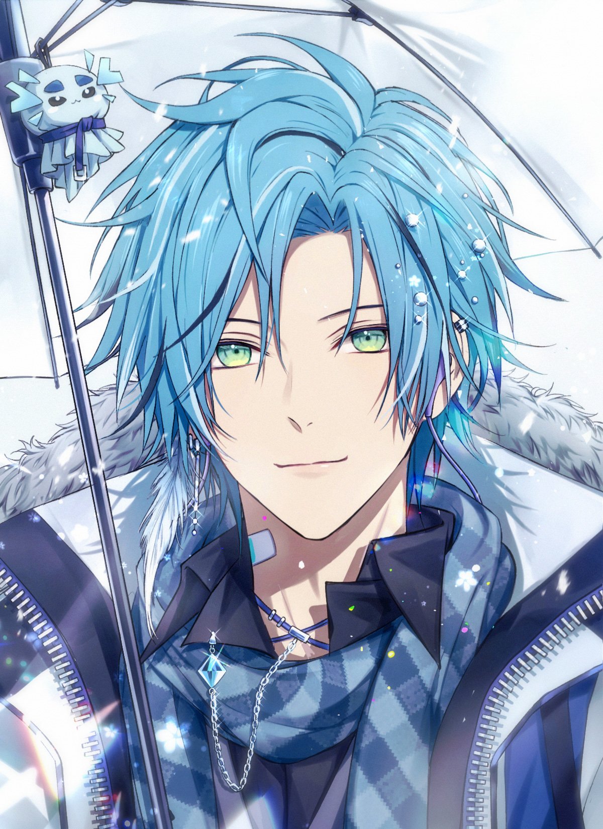 1boy altventurer_(regis_altare) bandaid bandaid_on_neck bishounen blue_hair blue_scarf closed_mouth commentary ear_piercing earbuds earphones earrings feather_earrings feathers green_eyes highres holostars holostars_english hood hood_down jewelry male_focus piercing portrait regis_altare scarf shin_diena short_hair smile snowing solo symbol-only_commentary transparent transparent_umbrella umbrella virtual_youtuber white_background winter_clothes