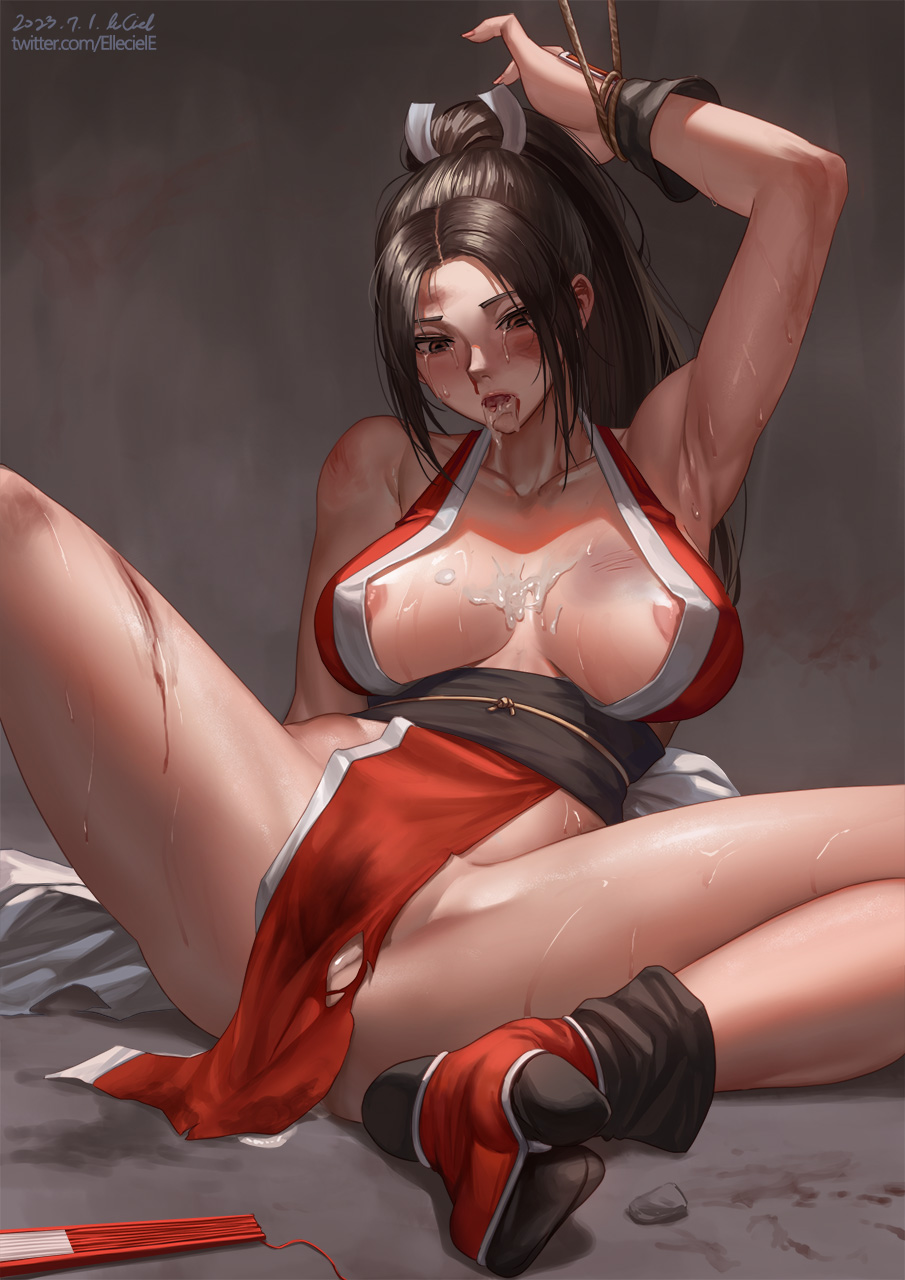 1girl after_fellatio against_wall arm_up armpit_crease armpits bare_legs bare_shoulders bleeding blood breasts brown_hair bruise collarbone cum cum_in_mouth cum_on_floor elleciel.eud fatal_fury high_ponytail highres injury japanese_clothes large_breasts long_hair nipple_slip nipples nosebleed on_floor ponytail retrained ryona scratches shiranui_mai sweat the_king_of_fighters thighs torn_clothes