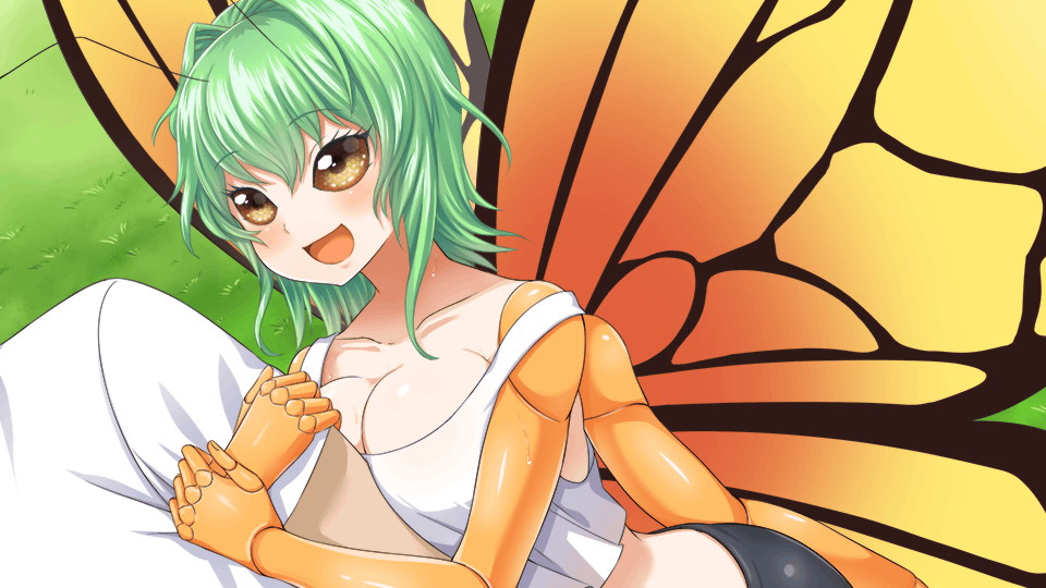 1boy 1girl antennae arm_hug artist_request bike_shorts blush breasts butterfly_girl chitin compound_eyes crop_top extra_arms flare_(monster_musume) game_cg grass green_hair hair_intakes insect_wings medium_breasts medium_hair midriff monster_musume_no_iru_nichijou monster_musume_no_iru_nichijou_online official_art open_mouth tank_top white_tank_top wings yellow_eyes