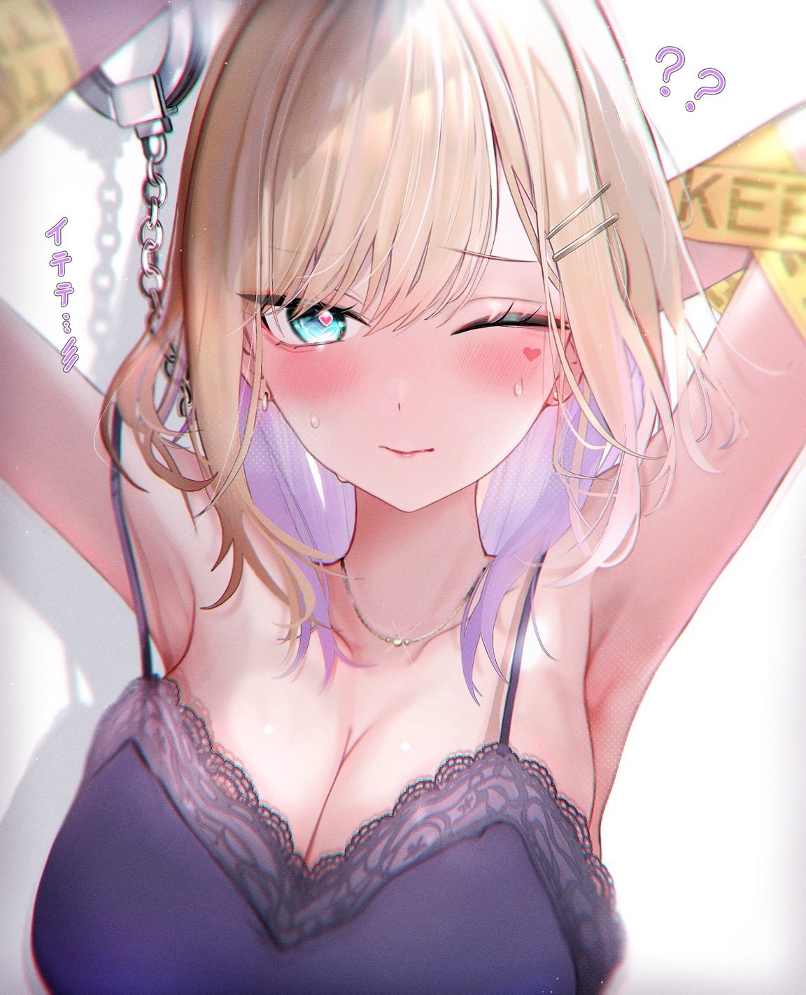 ? arm_behind_head arms_up blonde_hair blue_eyeshadow blush breasts caution_tape check_copyright cleavage copyright_request cuffs eyeshadow facial_tattoo hair_ornament hairclip handcuffs heart heart_in_eye heart_tattoo highres jewelry lingerie lips makeup medium_breasts necklace one_eye_closed original sanada_nagi symbol_in_eye tattoo underwear upper_body