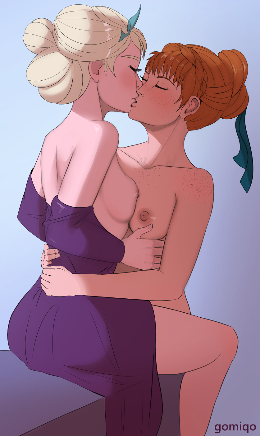 2girls anna_(frozen) artist_name blonde_hair blush breasts brown_hair closed_eyes clothes_down completely_nude disney disney_princess dress elsa_(frozen) freckles frozen_(disney) frozen_ii_(disney) gomiqo-drasor hair_bun highres hug incest kiss long_hair medium_breasts multiple_girls nipples nude princess siblings sisters sitting yuri