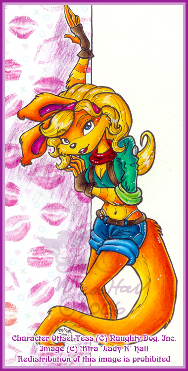 anthro blonde_hair blue_eyes female fur hair jak_and_daxter kiss_mark mammal mira_hall mustelid naughty_dog orange_body orange_fur ottsel seductive semi-anthro solo sony_corporation sony_interactive_entertainment tess_(jak_and_daxter) traditional_media_(artwork)