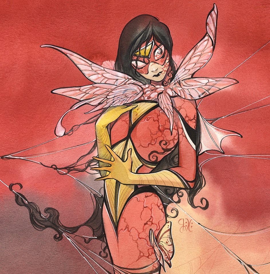 1girl bad_source black_hair black_lips bodysuit bug butterfly cover_image long_hair marvel mask official_art peach_momoko red_background red_bodysuit signature silk solo spider-woman spider_web superhero very_long_hair
