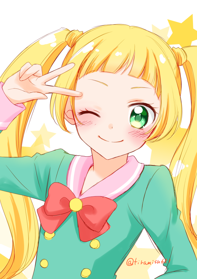 1girl aikatsu!_(series) aikatsu_friends! arm_up bangs blonde_hair blunt_bangs blush bow bowtie closed_mouth commentary green_eyes green_shirt hinata_ema_(aikatsu_friends!) long_hair long_sleeves looking_at_viewer pink_sailor_collar red_bow sailor_collar shirt sidelocks simple_background smile solo star_(symbol) tareme tiramisu651 twintails twitter_username upper_body v white_background