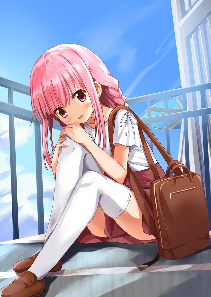 1girl bag bangs blunt_bangs blush brown_footwear brown_skirt cloud eyebrows_visible_through_hair hands_on_own_knee highres knee_up legs long_hair looking_at_viewer magia_record:_mahou_shoujo_madoka_magica_gaiden mahou_shoujo_madoka_magica miniskirt open_mouth pink_eyes pink_hair rikopin shirt shoes short_sleeves sitting skirt sky smile solo stairs tamaki_iroha thighhighs thighs white_legwear white_shirt