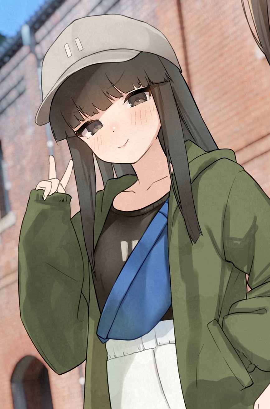 1girl baseball_cap black_shirt blunt_bangs blurry blurry_background blush brown_eyes brown_hair green_jacket grey_headwear grey_skirt hat hatsuyuki_(kancolle) highres jacket kantai_collection long_hair long_sleeves looking_at_viewer official_alternate_costume open_clothes open_jacket photo_background real_world_location sakieko shirt sidelocks skirt smile solo upper_body v