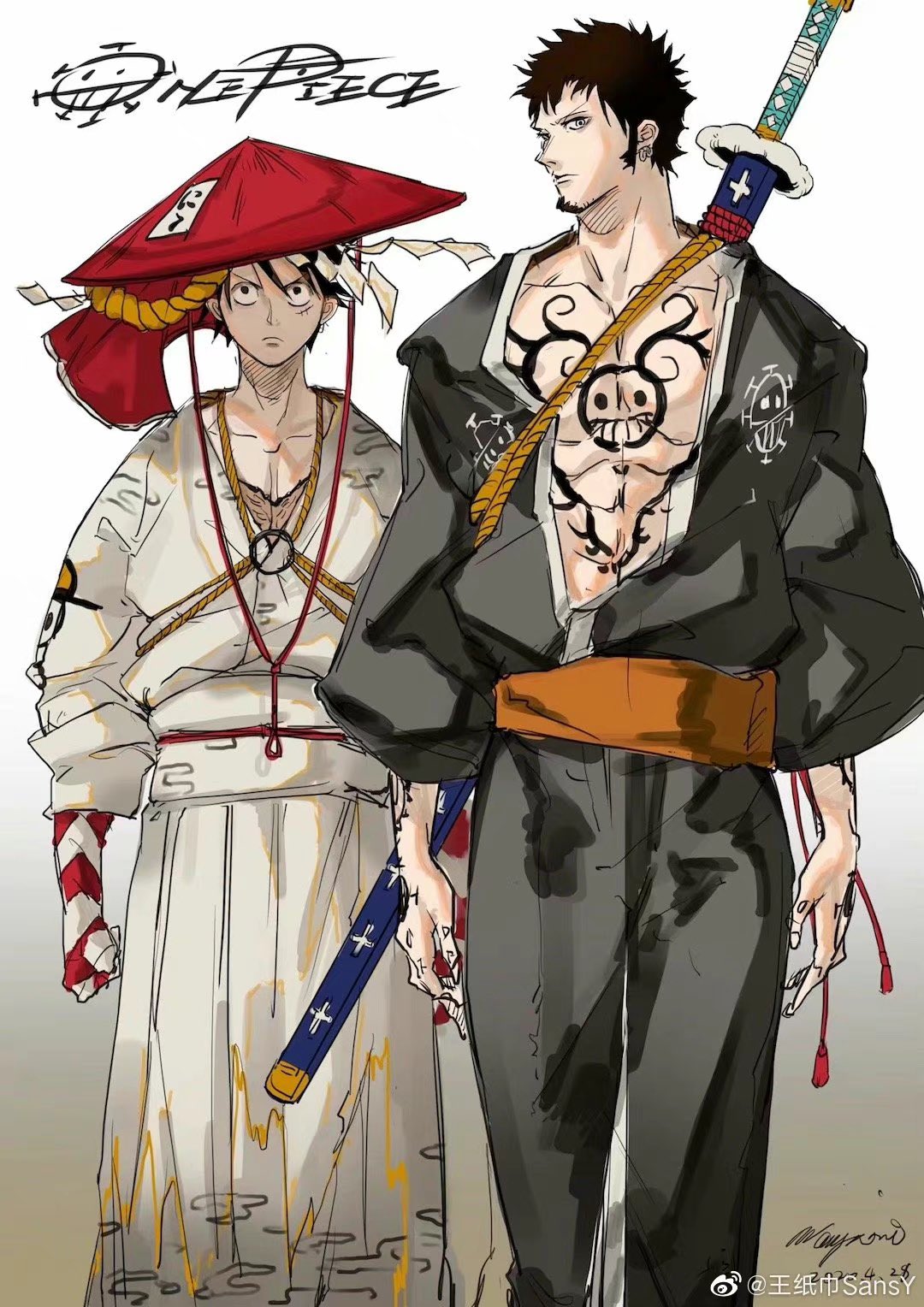 2boys abs ajirogasa alternate_costume bare_pectorals beard black_eyes black_hair black_jumpsuit black_sleeves center_opening character_request chest_tattoo clenched_hand closed_mouth collarbone commentary copyright_name dated english_commentary facial_hair frown gloves gradient_background grey_background hakama hat highres huge_weapon jacket japanese_clothes jumpsuit kami_off_record katana long_sleeves male_focus monkey_d._luffy multiple_boys one_piece orange_sash parted_lips pectoral_cleavage pectorals puffy_long_sleeves puffy_sleeves red_gloves red_headwear scar scar_on_chest short_hair signature simple_background skull_print sword sword_on_back tassel tattoo two-tone_gloves v-shaped_eyebrows watermark weapon weapon_on_back weibo_logo weibo_username white_background white_gloves white_hakama white_jacket white_sleeves