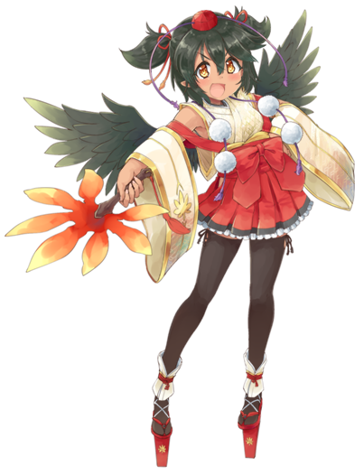 1girl artist_request black_hair black_thighhighs black_wings blush bow brown_eyes detached_sleeves feathered_wings full_body game_cg geta hair_between_eyes hand_fan hauchiwa holding holding_fan looking_at_viewer monster_musume_no_iru_nichijou monster_musume_no_iru_nichijou_online official_art open_mouth pointy_ears red_bow red_skirt shizuka_(monster_musume) short_hair short_twintails side-tie_thighhighs skirt solo tachi-e tengu-geta thighhighs transparent_background twintails wide_sleeves wings zettai_ryouiki