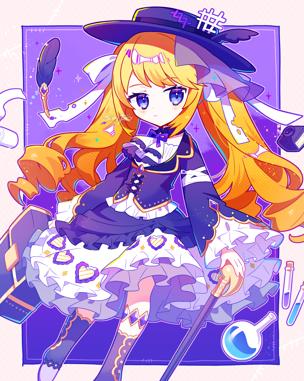 1girl blonde_hair blue_eyes boots cane dress full_body highres holding holding_cane original purple_dress purple_footwear saijo1201 square_background twintails two-tone_background