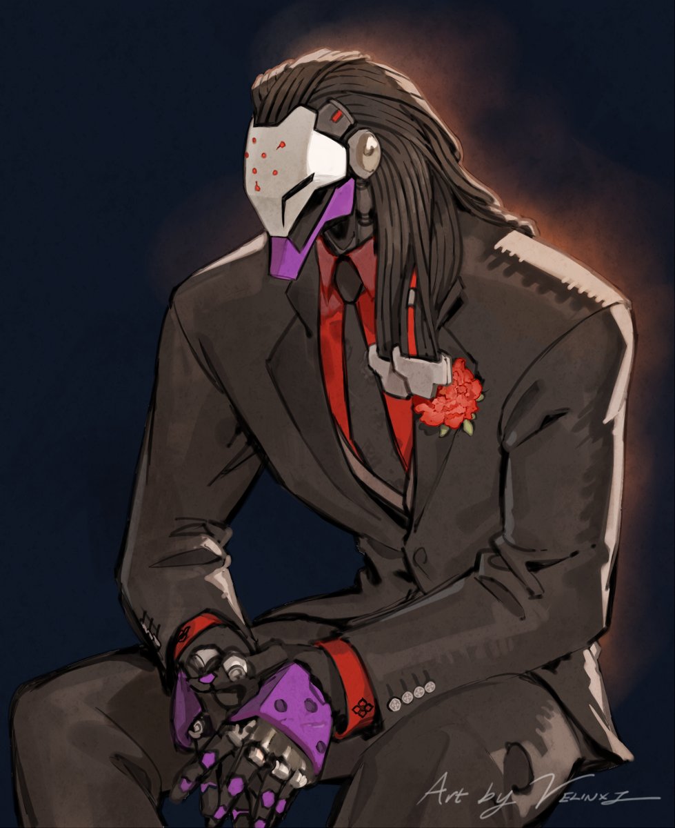 1boy between_legs black_pants black_suit boutonniere cyborg dark_background hand_between_legs highres looking_ahead male_focus mechanical_hands omnic overwatch overwatch_2 own_hands_together pants ramattra_(overwatch) red_shirt robot shirt sitting solo suit velocesmells