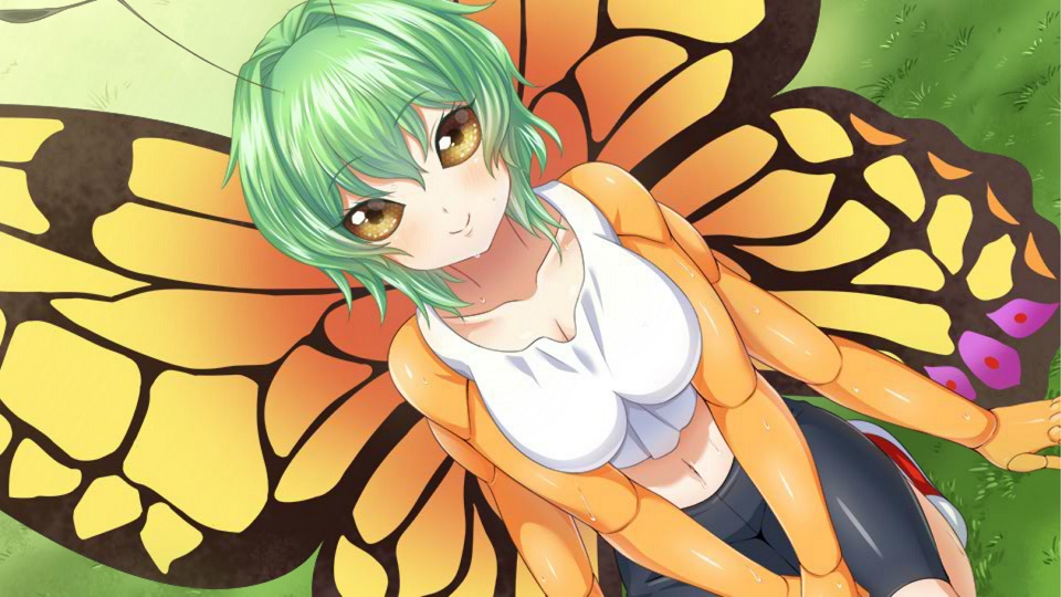 1girl antennae artist_request bike_shorts blush breasts butterfly_girl chitin compound_eyes crop_top extra_arms flare_(monster_musume) game_cg grass green_hair hair_intakes insect_wings medium_breasts medium_hair midriff monster_musume_no_iru_nichijou monster_musume_no_iru_nichijou_online navel official_art outdoors red_footwear seiza shoes sitting smile sneakers tank_top white_tank_top wings yellow_eyes