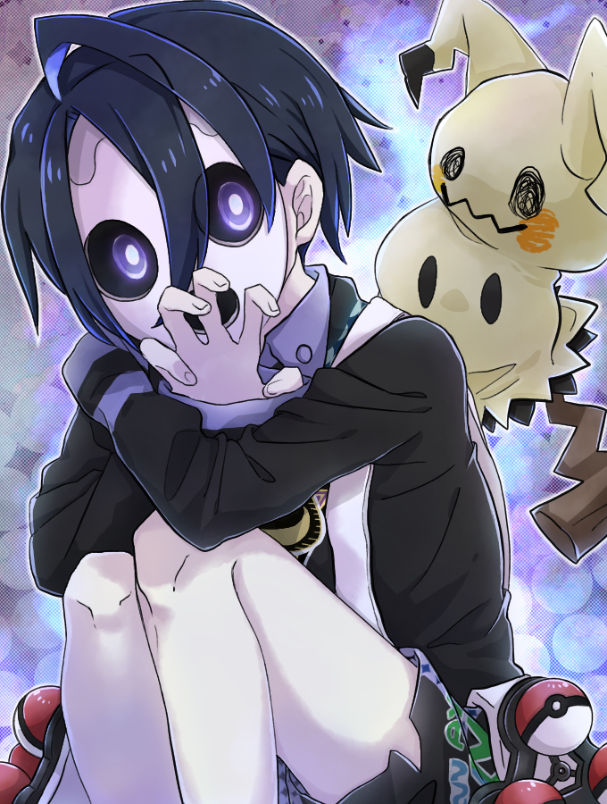 1boy ahoge allister_(pokemon) bangs black_hair collared_shirt commentary_request gen_7_pokemon gym_leader hair_between_eyes holster knees legs_together long_sleeves looking_at_viewer male_focus mask mimikyu poke_ball poke_ball_(basic) pokemon pokemon_(creature) pokemon_(game) pokemon_swsh purple_eyes shirt short_hair shorts side_slit side_slit_shorts sunomaerenoato suspender_shorts suspenders